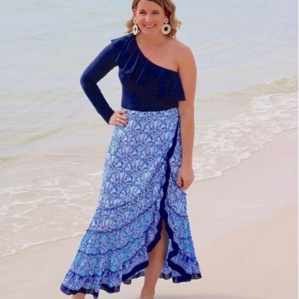 Lilly Pulitzer Kourtney True Navy Single Shoulder Pima Blend Ruffle Bodysuit S